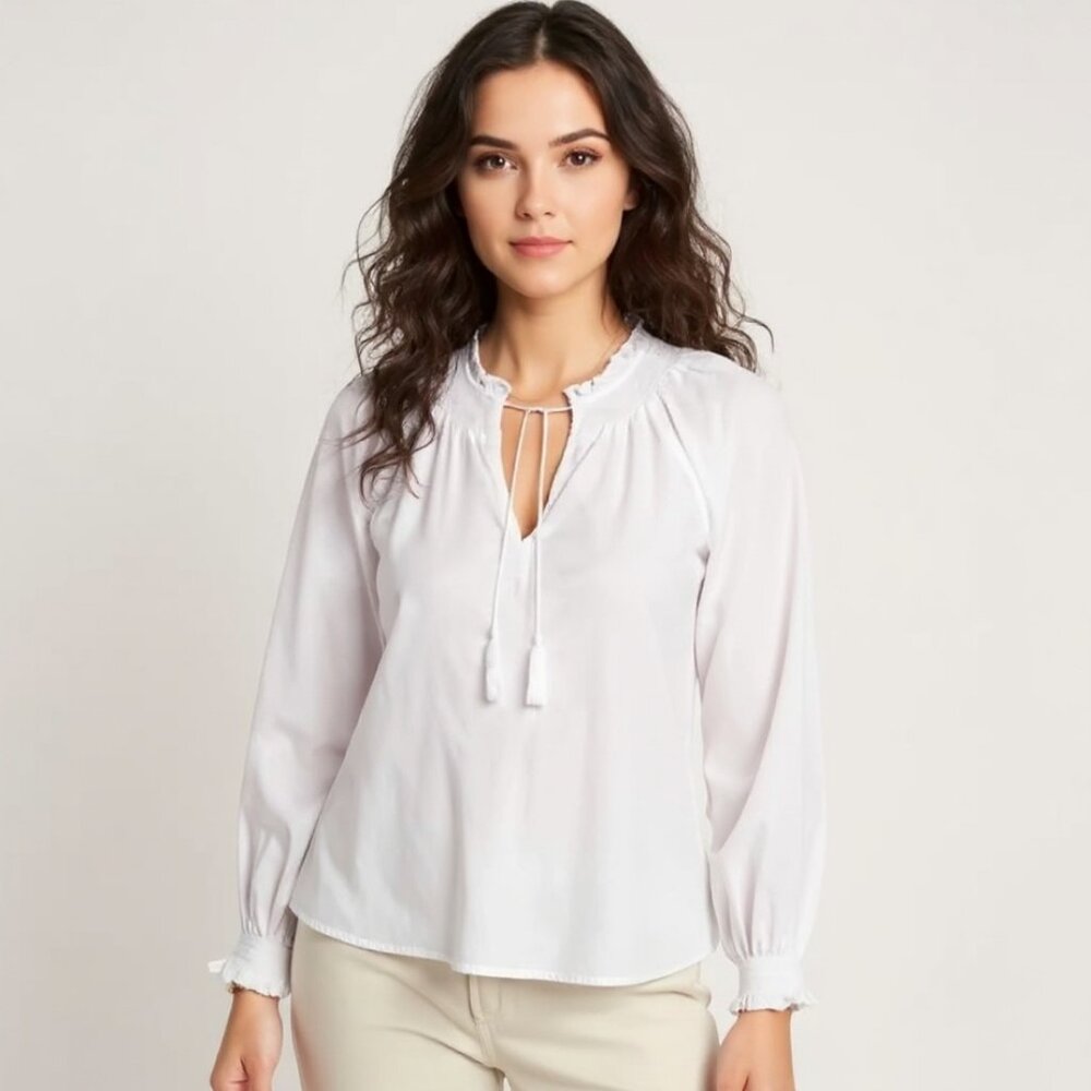 Old Navy Long-Sleeve Smocked Cuff Calla Lily White Linen Blend Poet Blouse NEW